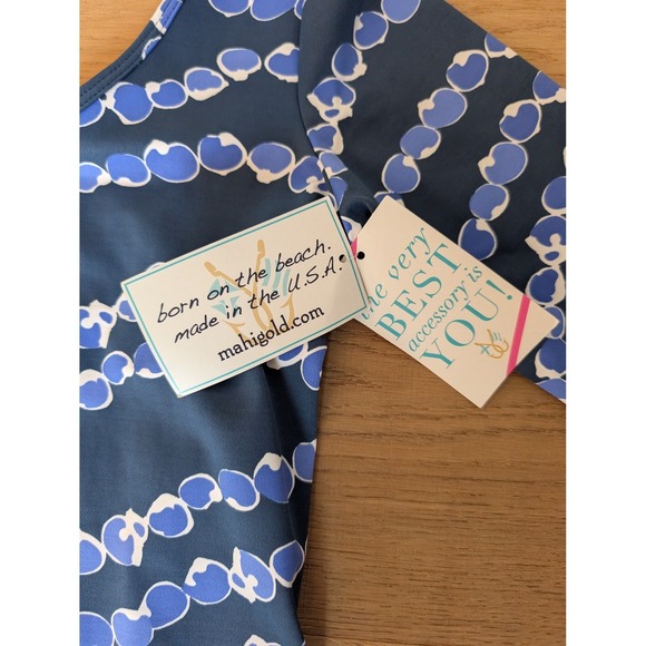 Mahi Gold Jersey Knit‎ Dress Scoop Neck 3/4 Sleeve Blue White Print XS - Picture 5 of 10